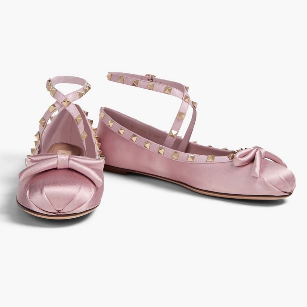 Valentino Garavani Pink Satin Rockstud Ankle-Strap Ballet Flats Size 39 US 9 NIB